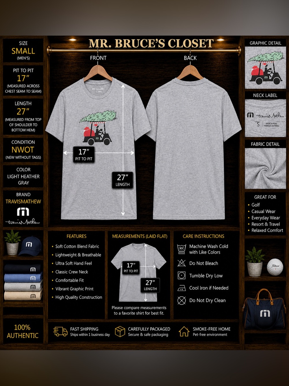Travis Mathew Light Heather Gray Tee with Red & Green Golf Cart Graphic